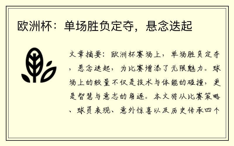 欧洲杯：单场胜负定夺，悬念迭起