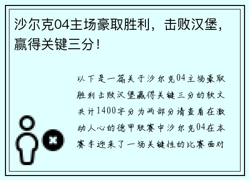 沙尔克04主场豪取胜利，击败汉堡，赢得关键三分！