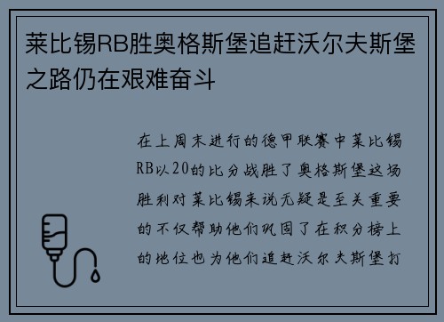 莱比锡RB胜奥格斯堡追赶沃尔夫斯堡之路仍在艰难奋斗