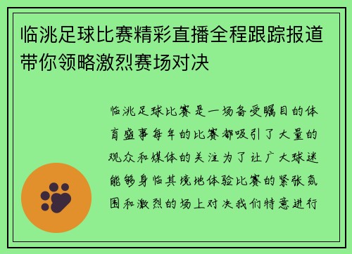 临洮足球比赛精彩直播全程跟踪报道带你领略激烈赛场对决